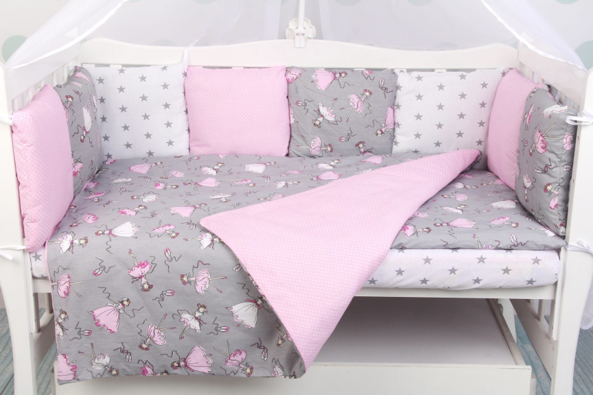 Комплект в кроватку 15 предметов (3+12 подушек-бортиков) AmaroBaby Мечта серый, розовый, поплин, бязь